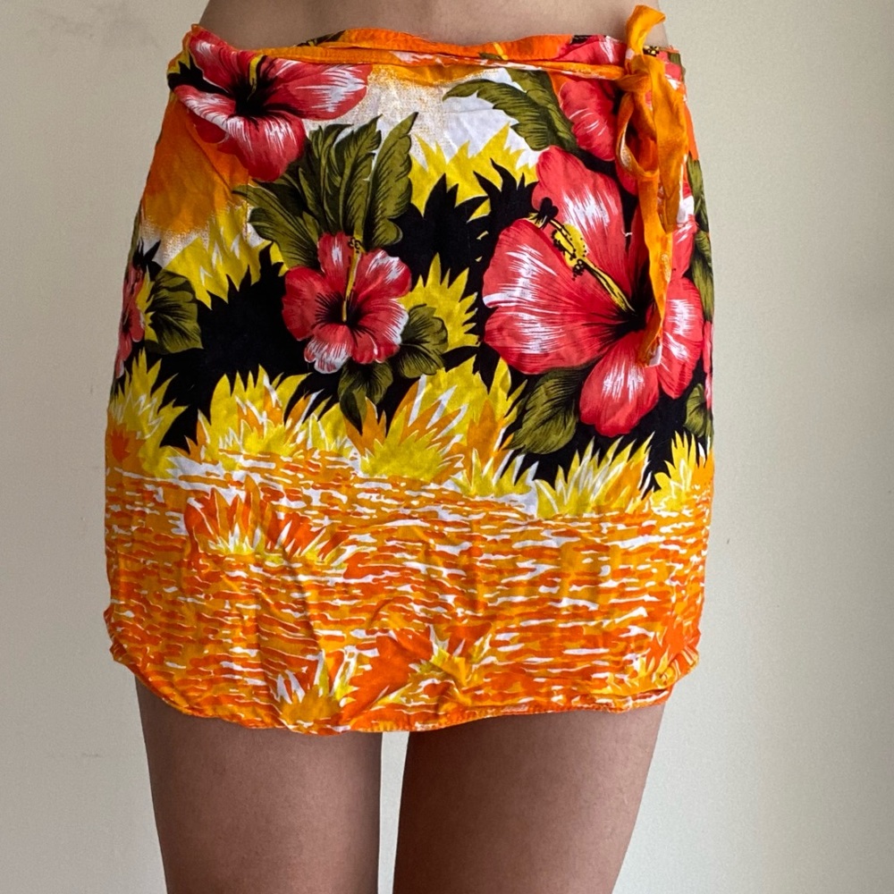Vintage 90s orange tropical floral tie swimsuit beach coverup sarong wrap skirt